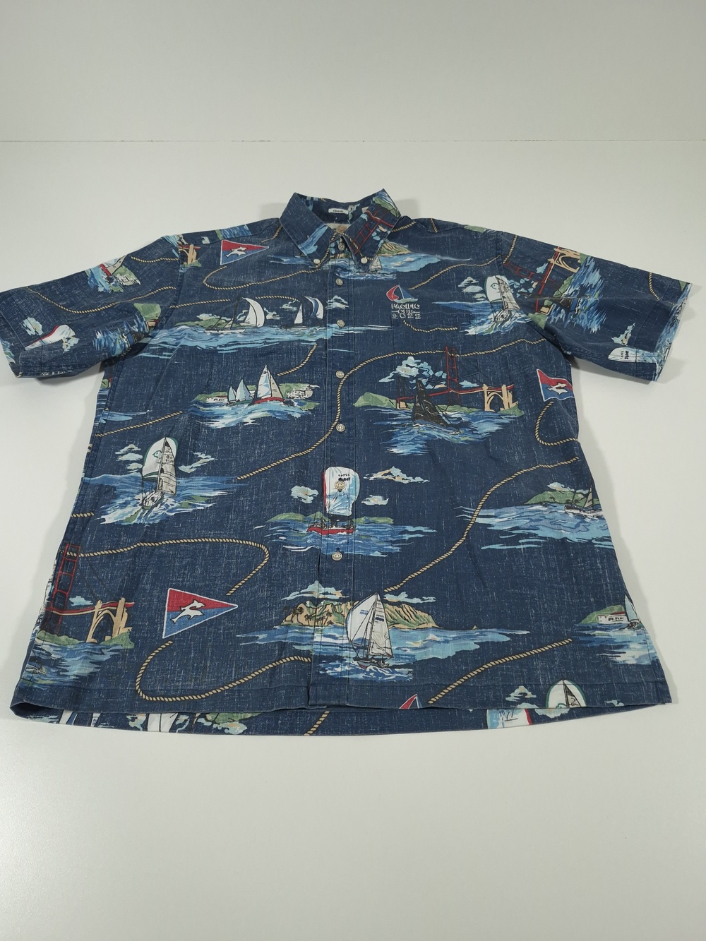 Reyn Spooner Shirt Mens L Blue Nautical Sailing Hawaiian Short Sleeve Button Up